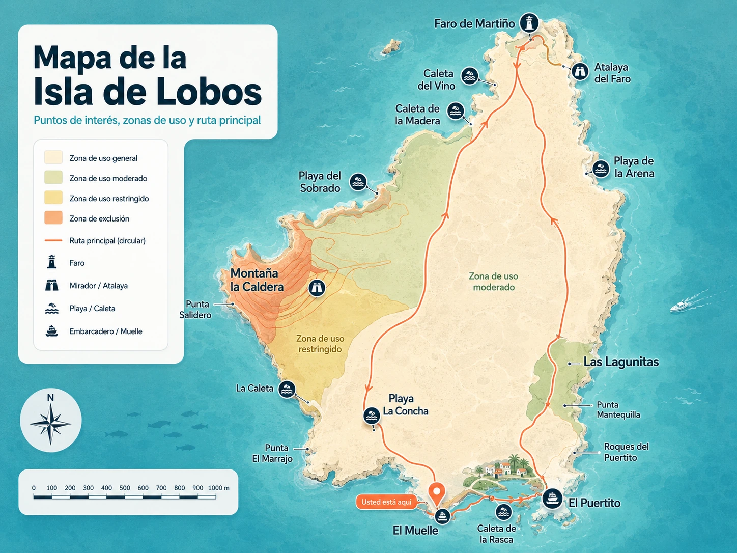 Mapa de la Isla de Lobos con puntos de interés, zonas de uso y ruta principal